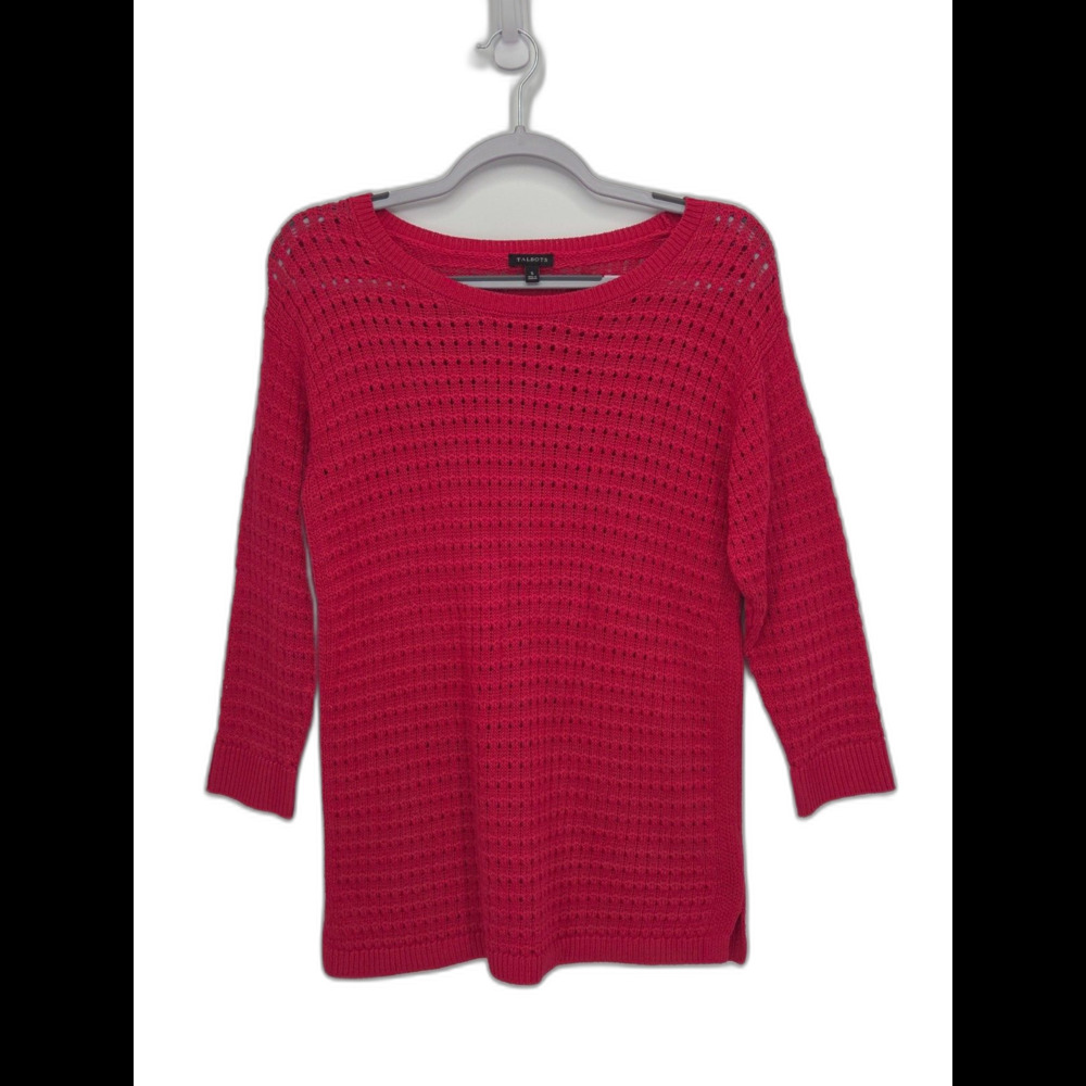 Talbots Womens Small Pink Open Knit Boat Neck Sweater 3/4 Sleeve Cotton Blend